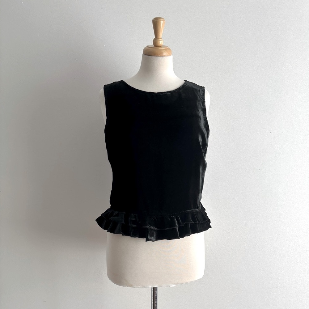 Vintage 90s CACHÉ Black Velvet Ruffle Sleeveless Top L